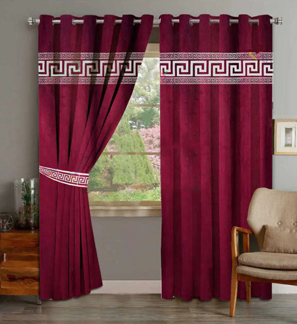 Luxury Velvet Curtains Front Versace Border – Maroon And Off White