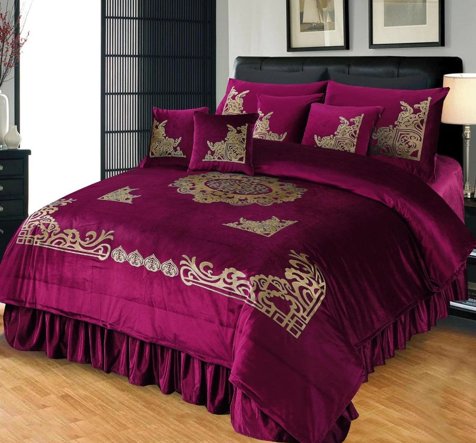 Luxury Embossed Velvet Bridal Bed Set Maroon ( 9 PCS )