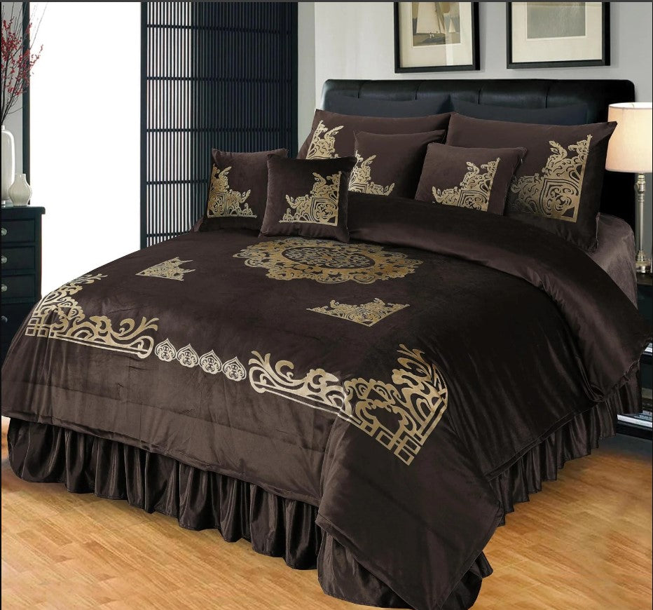 Luxury Embossed Velvet Bridal Bed Set Chocolate ( 9 PCS )