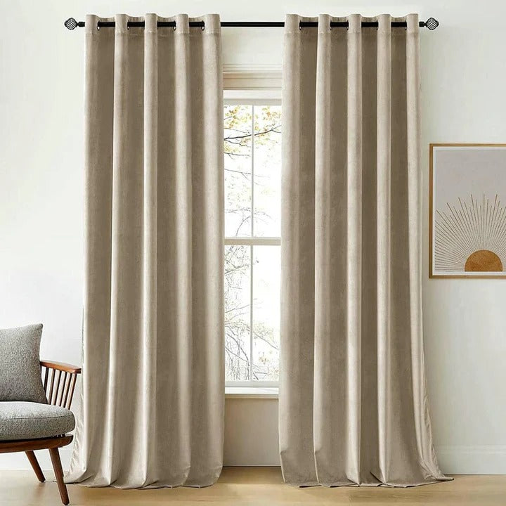 Plain Dyed Luxury Velvet Curtains Beige ( 2 Curtain Set )