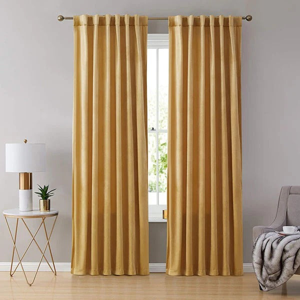 Plain Dyed Luxury Velvet Curtains Golden ( 2 Curtain Set )