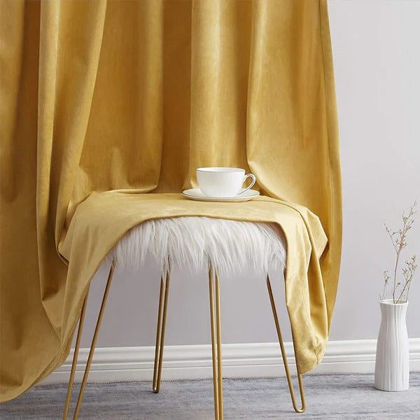 Plain Dyed Luxury Velvet Curtains Golden ( 2 Curtain Set )