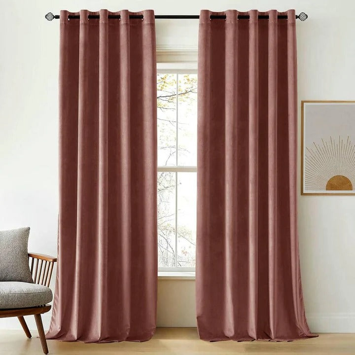 Plain Dyed Luxury Velvet Curtains Tea Pink ( 2 Curtain Set )