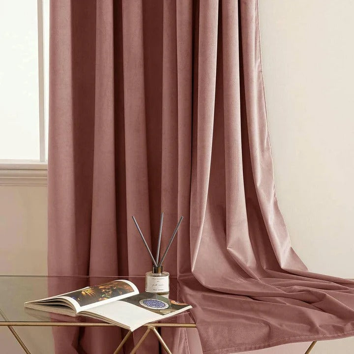 Plain Dyed Luxury Velvet Curtains Tea Pink ( 2 Curtain Set )