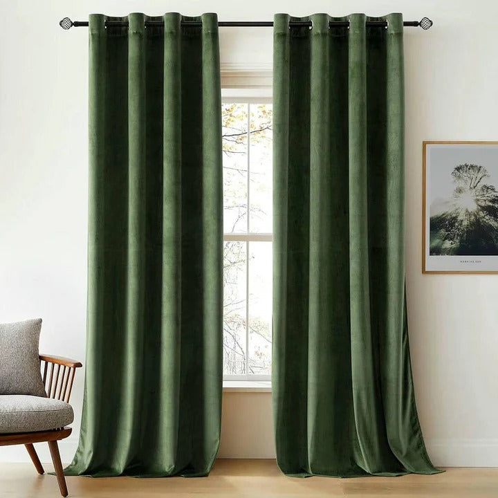 Plain Dyed Luxury Velvet Curtains Olive Green ( 2 Curtain Set )