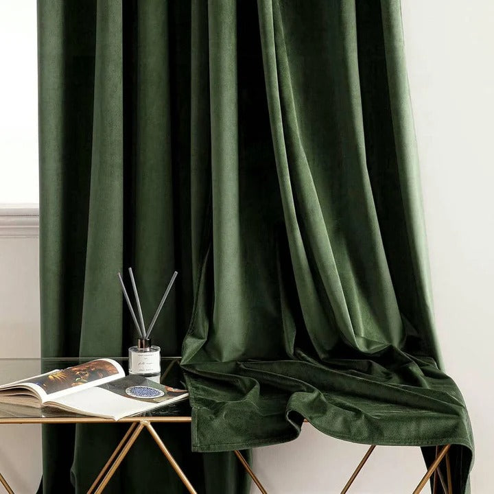 Plain Dyed Luxury Velvet Curtains Olive Green ( 2 Curtain Set )