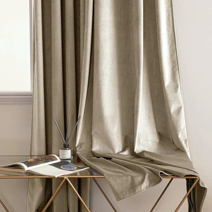 Plain Dyed Luxury Velvet Curtains Beige ( 2 Curtain Set )