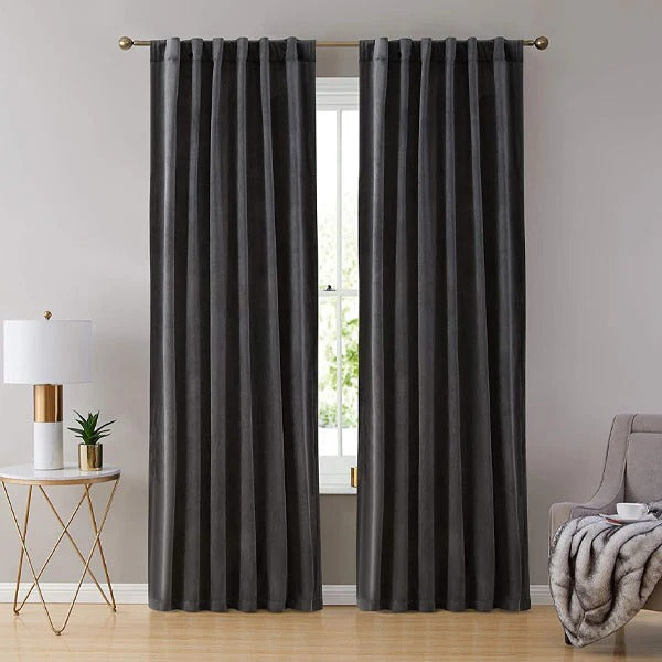 Plain Dyed Luxury Velvet Curtains Dark Grey ( 2 Curtain Set )