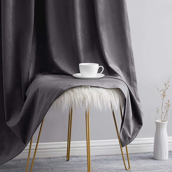 Plain Dyed Luxury Velvet Curtains Dark Grey ( 2 Curtain Set )