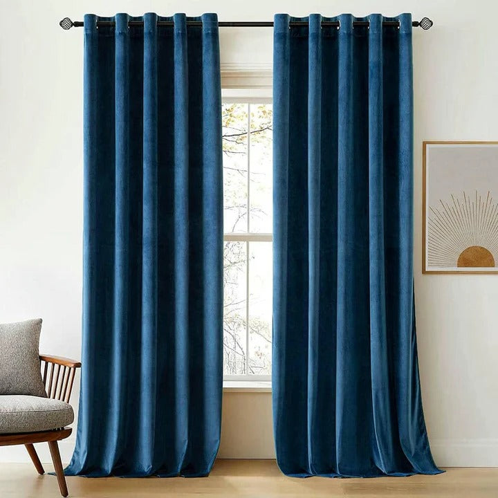 Plain Dyed Luxury Velvet Curtains Blue ( 2 Curtain Set )