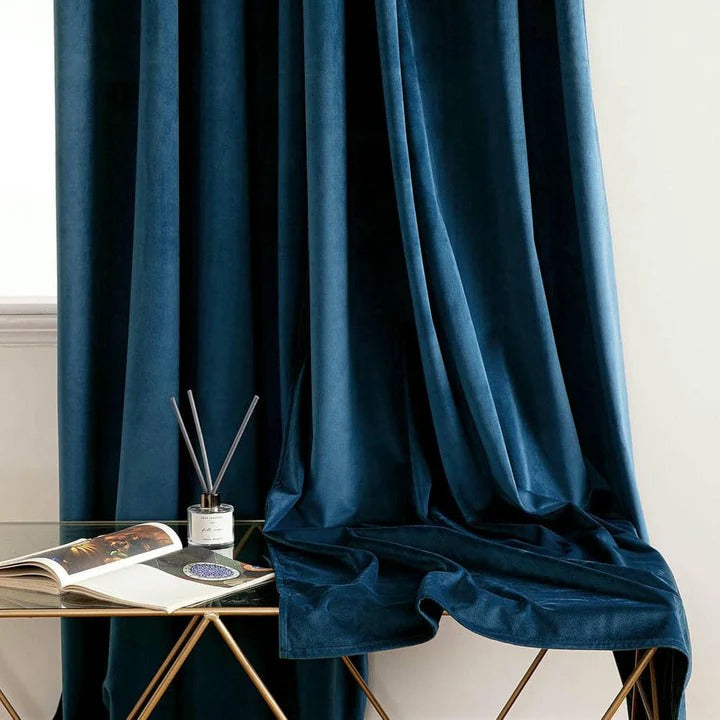 Plain Dyed Luxury Velvet Curtains Blue ( 2 Curtain Set )